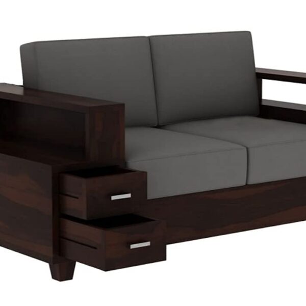 KL Furniture™ Wooden 2 Seater Sofa for Living Room | Sofa with Attached End Table with Shelf & 2 Drawers | Two Seater Sofa | Sheesham Wood, Walnut Finish