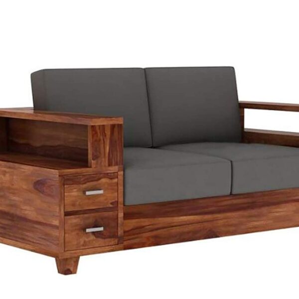 KL Furniture™ Wooden 2 Seater Sofa for Living Room | Sofa with Attached End Table with Shelf & 2 Drawers | Two Seater Sofa | Sheesham Wood
