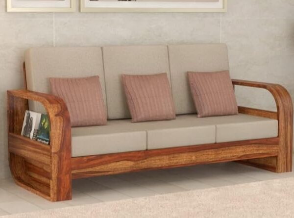 K L FURNITURE Wooden 3 Seater Sofa Set For Living Room|Three Seater Sofa With Side Magzine & Newspaper Holder For Office & Lounge|Teak Wood Sofa Set|Sheesham Wood, Honey Brown