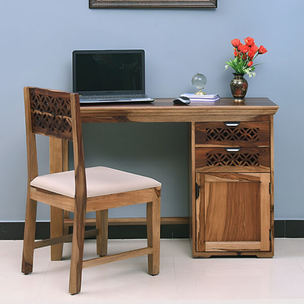 Floresta Wud Solid Wood Study Table | Wooden Office Table With Chair | Office Study Table | Solid Wood Study Table (Free Standing, Finish Color - Rustic Teak, Chair Included, Pre-assembled)