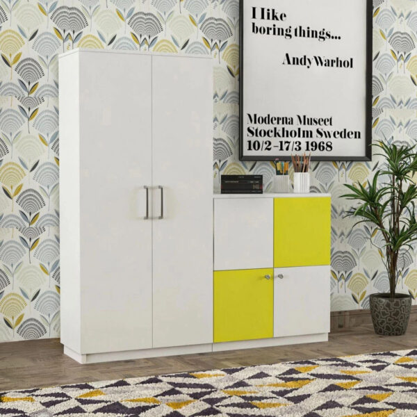 Floresta Wud Engineered Wood Wardrobe|Wardrobe Closet|Kids Wardrobe|Wooden Wardrobe Set Of 2| Engineered Wood 4 Door Wardrobe (Finish Color - White & Yellow)