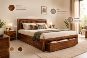 Buy king size bed online with solid wood design and storage