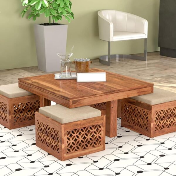 Solid Sheesham Wood Center Coffee Table with 4 Stool for Living Room, Garden, Patio, Guest Room, Cafe | Wooden Coffee Table for Living Room (Natural Finish)