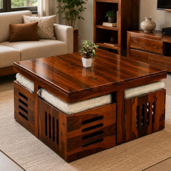 "Coffee Table with 4 Stools, Walnut Finish Sheesham Wood, For Living Room, Wooden Center Teapoy Table"