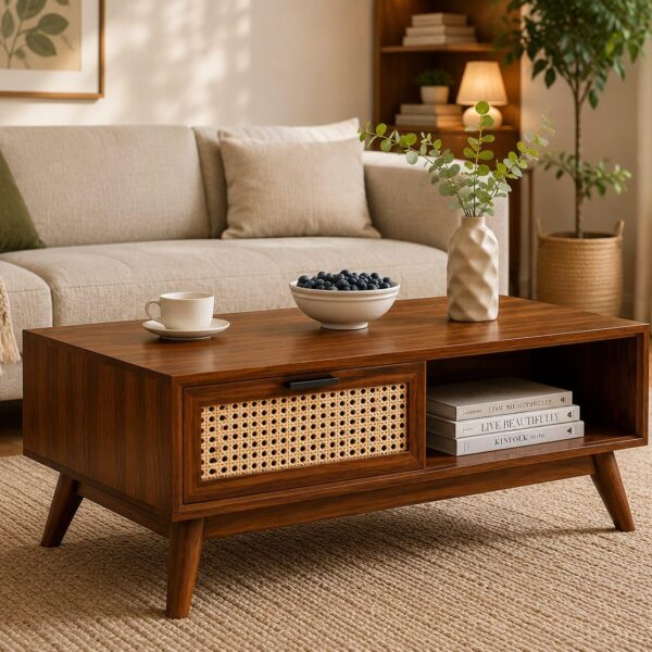 Solid Sheesham Wood Coffee Table for Living Room Home | Wooden Center Teapoy Table with Drawer Storage for Office and Hotels (Natural Finish)