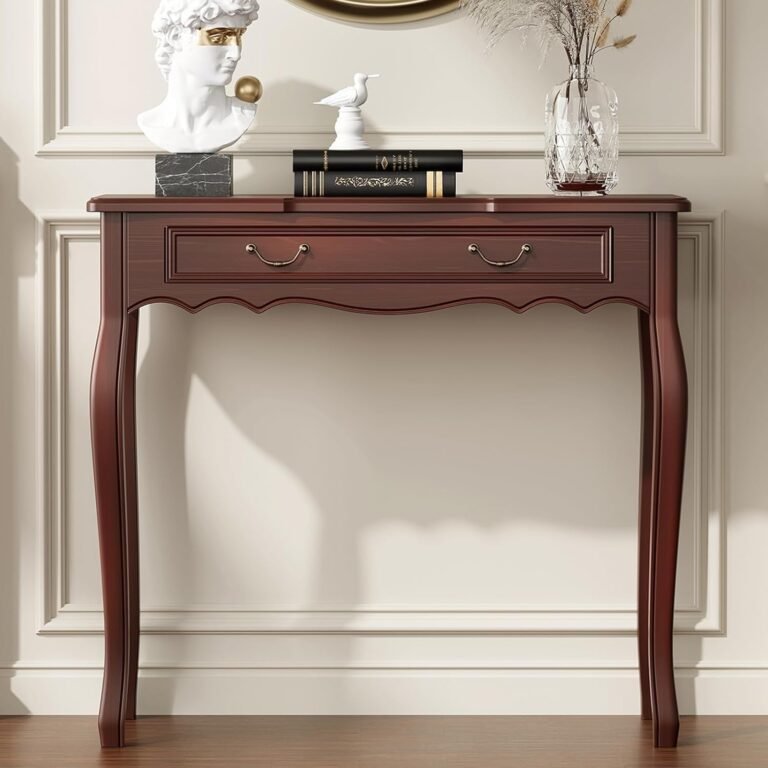 Classic mahogany wooden console table with one decorative drawer and curved legs.