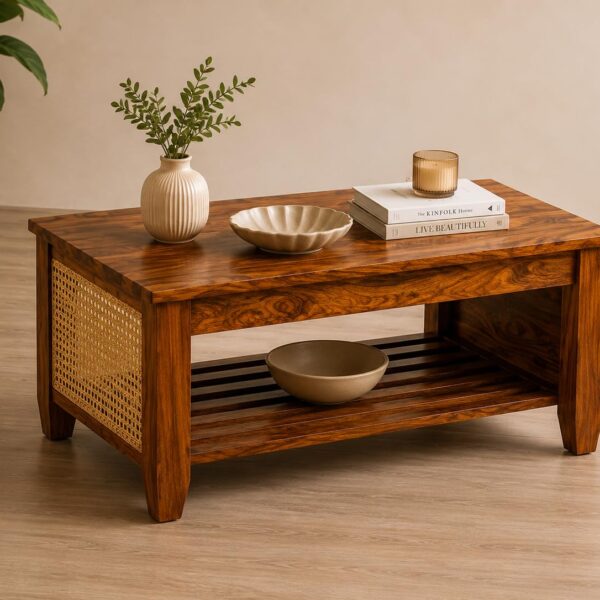 Coffee Table for Living Room | Sheesham Wood Center Teapoy Table with Drawer Storage for Office and Hotels | Rattan Tea Table (Natural Finish)