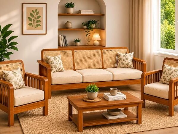 Wooden Sofa Set 5 Seater for Living Room with Rattan Cane | Sheesham Wood 5 Seater Sofa Set for Home & Office Furniture (Honey Finish)
