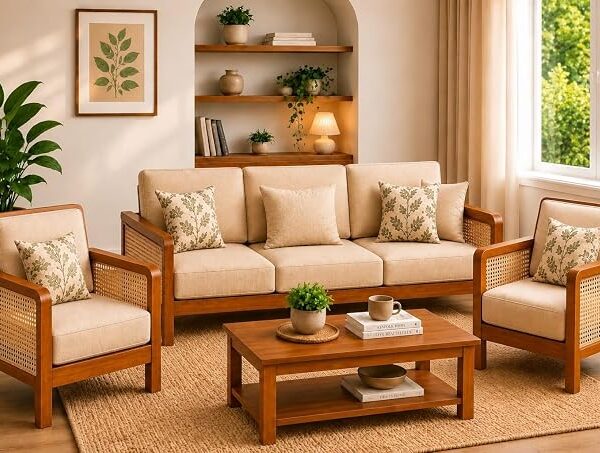 "Sheesham Wood Sofa Set 5 Seater for Living Room | Wooden 5 Seater Sofa Set for Home & Office | Rattan Sofa Set | (Honey Finish) "
