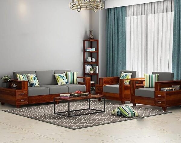 Wooden Sofa Set 5 Seater | Solid Sheesham Wood 5 Seater Sofa Set for Living Room | Termite Free | Wooden Sofa Set Furniture 5 Seater Living Room Home | (Brown Finish)