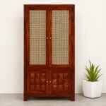 Solid sheesham wood tall storage cabinet with rattan cane doors and diamond carved lower doors in teak finish