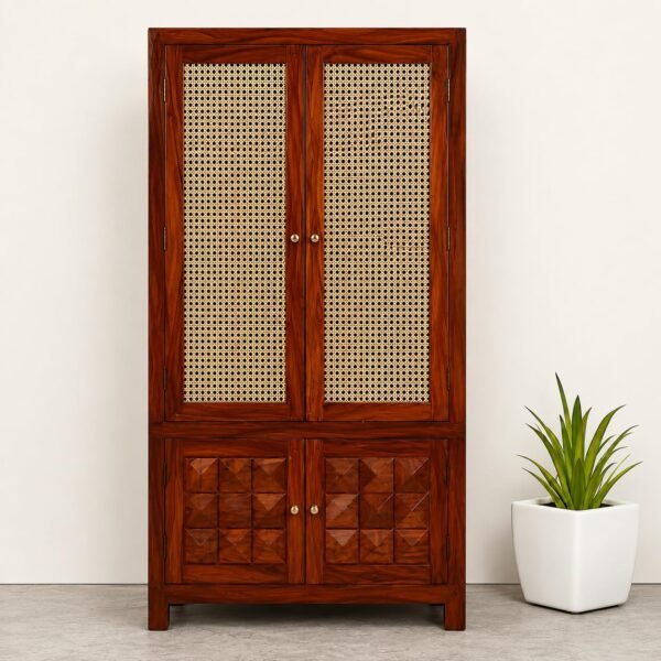 Solid sheesham wood tall storage cabinet with rattan cane doors and diamond carved lower doors in teak finish