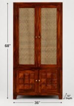 Solid sheesham wood tall storage cabinet with rattan cane doors and diamond carved lower doors in teak finish