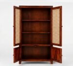 Solid sheesham wood tall storage cabinet with rattan cane doors and diamond carved lower doors in teak finish