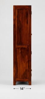 Solid sheesham wood tall storage cabinet with rattan cane doors and diamond carved lower doors in teak finish