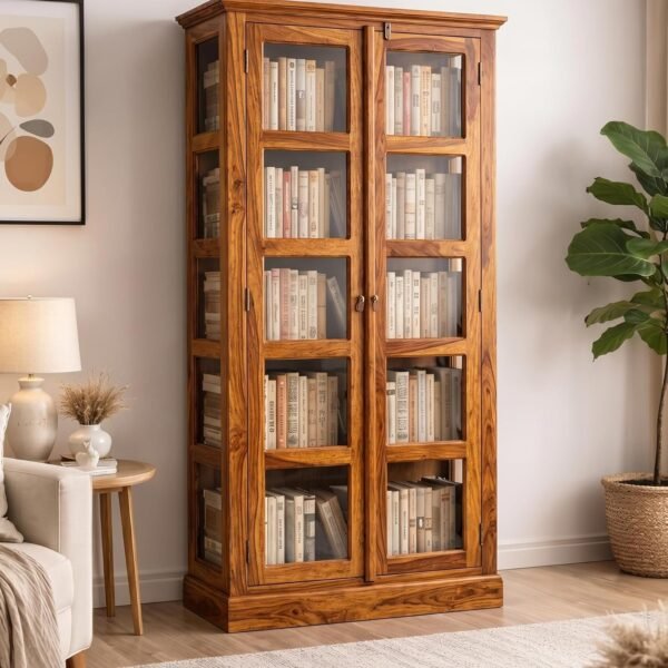 Solid sheesham wood tall bookcase with glass doors