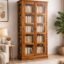 Solid sheesham wood tall bookcase with glass doors