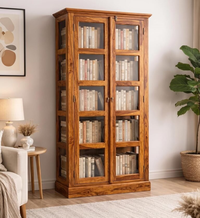 Solid sheesham wood tall bookcase with glass doors