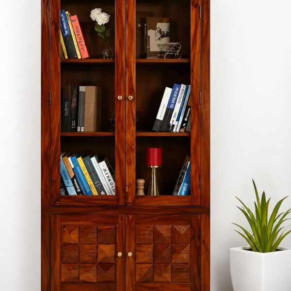 Sheesham wood bookshelf with glass doors and diamond-carved lower storage doors in teak finish, front view