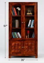 Sheesham wood bookshelf with glass doors and diamond-carved lower storage doors in teak finish, front view