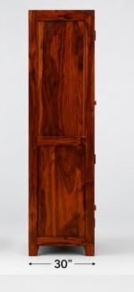 Sheesham wood bookshelf with glass doors and diamond-carved lower storage doors in teak finish, front view
