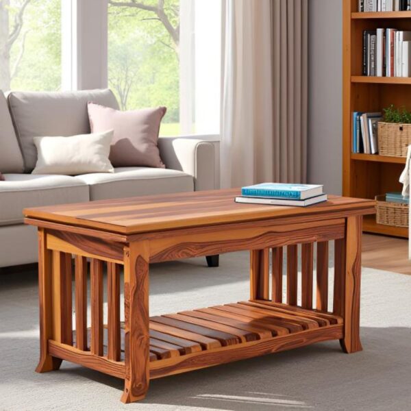 "Wooden Coffee Table, Honey Finish Solid Wood, Center Teapoy Table, For Living Room, For Home & Office"