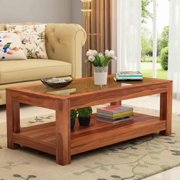 "Sheesham Wood Coffee Table for Living Room with Glass Top Multipurpose Tea Table Wooden Centre Table for Home Hall and Office Furniture | Teapoy Table (Honey Finish) "